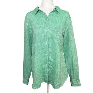 Gap Women's L Boyfriend Fit Button Up Shirt Linen/Cotton Blend Green Long Sleeve